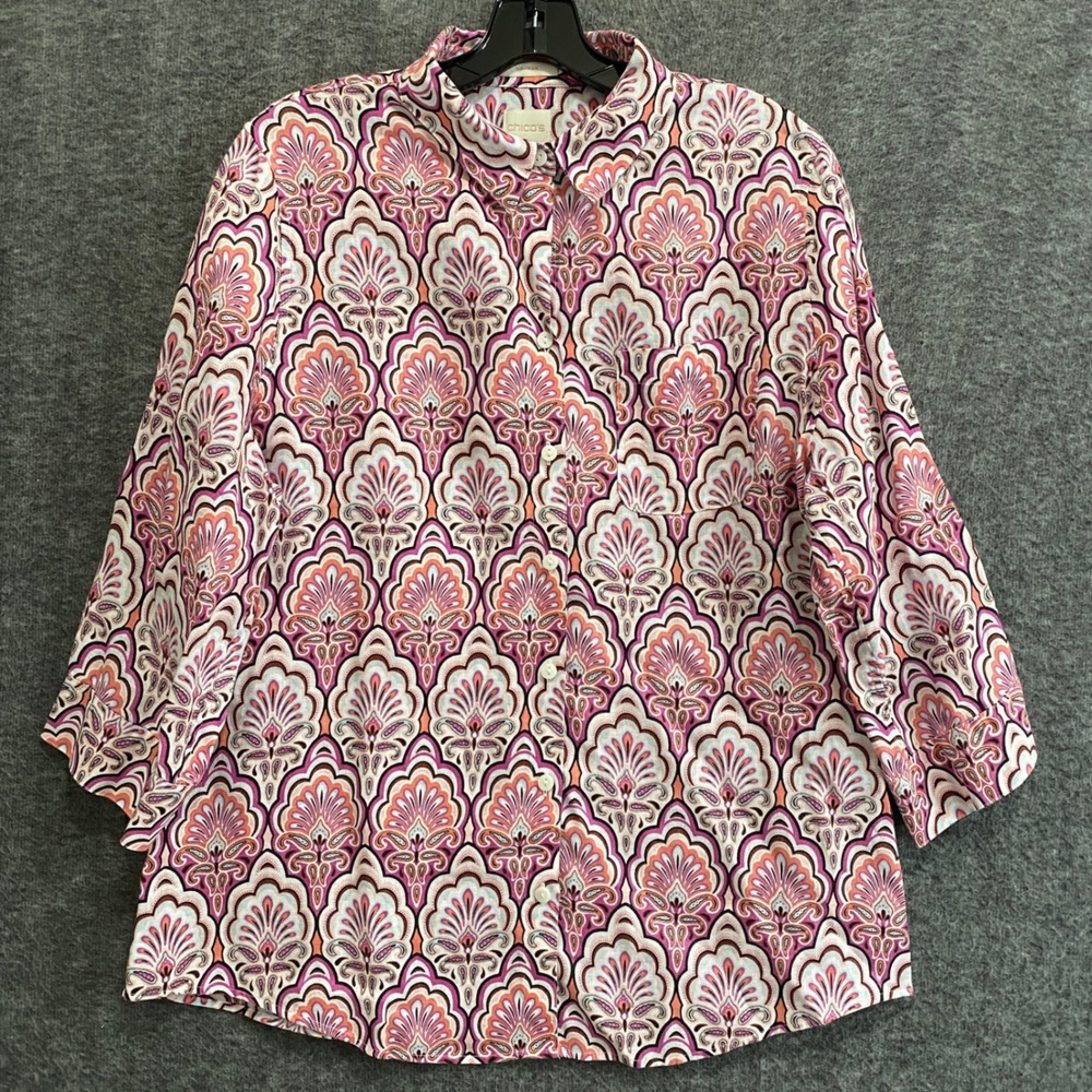 Chicos Linen No Iron Button Up Shirt Womens‎ 2 Large Pink Floral Beach Coastal